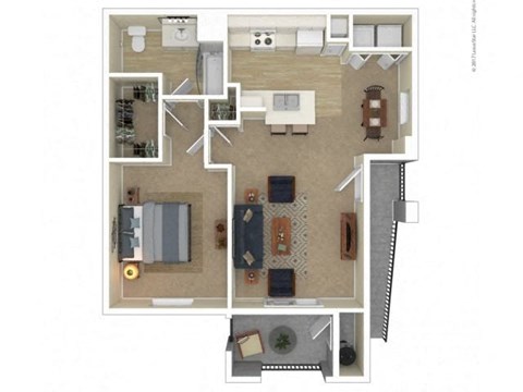 A floor plan of a house with a kitchen, living room, and two bedrooms.